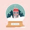 Christmas snowglobe with xmas scene in snow globe. Winter red house. Christmas tree. Happy New Year. Winter holidays