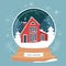 Christmas snowglobe with xmas scene in snow globe. Winter red house. Christmas tree. Happy New Year. Winter holidays