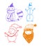 Christmas snowman, cat and Santa scribbles clipart. Hand drawn winter doodles line art. Outline vector illustration.