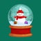 Christmas snowman holding present in globe glass for xmas, winter holiday decoration, white snowman in hat and scarf for