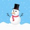 Christmas Snowman with magician hat. Snow falling background with a snowman. Snowman with a red scarf. Christmas element design