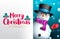 Christmas snowman vector template design. Merry christmas greeting text in white space with waving friendly snow man character.
