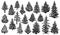 Christmas snowy pine trees. Xmas snow covered pine trees silhouettes, evergreen coniferous woods vector illustration set