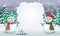 Christmas snowy scene with couple of greeting snowmen in santa hats. Christmas card template or holiday winter banner with place