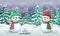 Christmas snowy scene with couple of snowmen in santa hats. Christmas card template or holiday banner. winter forest landscape