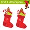 Christmas sock with gifts. Find the differences educational children game. New Year holidays theme activity for kids