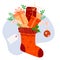 Christmas sock with gifts and tag. Gingerbread, New Years Christmas ball, caramel, fir branches with mistletoe. Vector