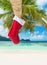 Christmas sock on palm tree at exotic tropical beach