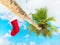 Christmas sock on palm tree at exotic tropical beach against blu sky