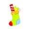 Christmas sock with presents sweet candy and jingle bell. New year gift stoking. vector clip art
