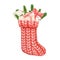 Christmas sock watercolor illustration. Hand drawn red knitted stocking with fir branches, gift boxes and gift tag