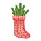 Christmas sock watercolor illustration. Hand drawn red knitted stocking with fir branches isolated on white background