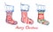 Christmas socks collectionwith greeting Marry Christmas, handpainted watercolor illustration isolated on white, perfect element