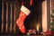 Christmas socks for New Year\\\'s gifts hang over a fireplace with fire. AI generated