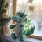 Christmas soft toys in the form of a green dragon made of fabric. Light image with New Year\\\'s winter background