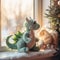 Christmas soft toys in the form of a green dragon made of fabric. Light image with New Year\\\'s winter background