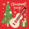 Christmas songs - vector illustration for disc cover with holiday music. Guitar with strings, xmaas tree, gift boxes and