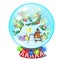 Christmas souvenir in the form of house in a glass ball isolated on white background. Vector cartoon close-up