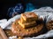 Christmas spiced blondies with cinnamon on wooden board