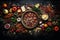 Christmas spices, cookies, citruses, nuts, snacks on black background. Top view