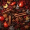 Christmas spices, fruit pieces, baubles, seeds and leaves abstract background.