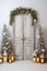 Christmas staged set with christmas trees fronting wooden door