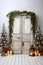 Christmas staged set with christmas trees fronting wooden door