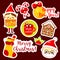 Christmas stickers. Cute Santa, elf, socks and other New Year holiday symbols in kawaii style. Collection of isolated vector