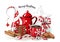 Christmas still-life, red tea pot, coolies, abstract christmas tree, glass jar with candy canes, cinnamon sticks, cup of