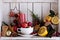 Christmas still life in a shabby chic cupboard