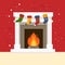 Christmas stocking on fireplace. Christmas long socks for Santa Claus presents. Christmas fireplace scene concept in