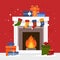 Christmas stocking on fireplace and gift boxes. Christmas long socks for Santa Claus presents. Christmas fireplace scene
