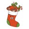 Christmas stocking with gifts, gingerbread, caramel and ball. Cool retro cartoon character. Traditional Xmas decoration