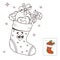 Christmas stocking with gifts, gingerbread, caramel and ball. Cool retro cartoon character. Vector illustration. linear