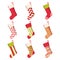 Christmas stocking set isolated on white background. Holiday Santa Claus winter socks for gifts. Cartoon decorated
