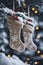 Christmas stocking in a snowy environment with snowflakes around, winter xmas background