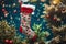 Christmas stocking underwater with fishs and sea plants around, xmas background