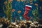 Christmas stocking underwater with fishs and sea plants around, xmas background