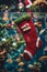 Christmas stocking underwater with fishs and sea plants around, xmas background