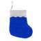 Christmas stocking on white background isolated close up, blue and silver color Santa Claus sock, traditional New Year sock