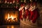 Christmas stockings hanging over a cosy fireplace on Christmas eve