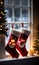 Christmas Stockings And A Snowy Window Illuminated By Candleligh. Generative AI