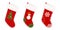 Christmas stockings. Stickers, clipart for xmas. Red, green socks with snowflakes, snowman, Christmas tree. Hanging stockings