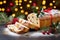 Christmas stollen with holly berries,fir branches and festive decorations on dark table with golden bokeh background.