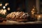 Christmas Stollen, home made traditional German Xmas dessert with candles, AI generative