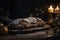 Christmas Stollen, home made traditional German Xmas dessert with candles, AI generative