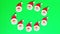 Christmas stop motion animation, many funny santa claus in a red hat, white beard and mustache move on a green chroma