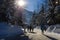 A Christmas Story in Whistler  village - Snow-covered buildings - on the roofs,  Ski resort. Traveling Canada