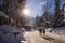 A Christmas Story in Whistler  village - Snow-covered buildings - on the roofs,  Ski resort. Traveling Canada