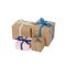 Christmas style rustic brown paper gift tied up with strings. Isolated white background. Stacking parcels box with kraft paper